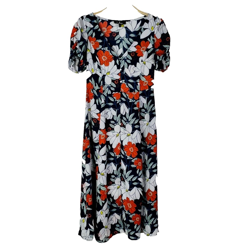 Lulus Midi Dress Womens Medium Navy Blue Orange Floral Button Front Puff Sleeve